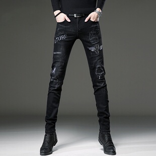 欧洲站男士牛仔裤男裤潮牌秋季新款休闲小脚裤子刺绣显瘦长裤男装
