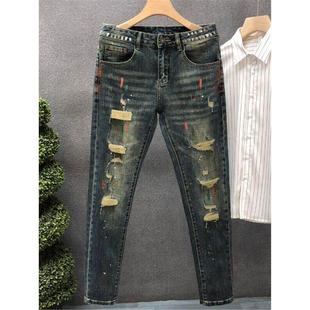 小脚裤 高级感油漆泼墨牛仔裤 修身 设计感潮牌痞帅破洞乞丐裤 子 男士