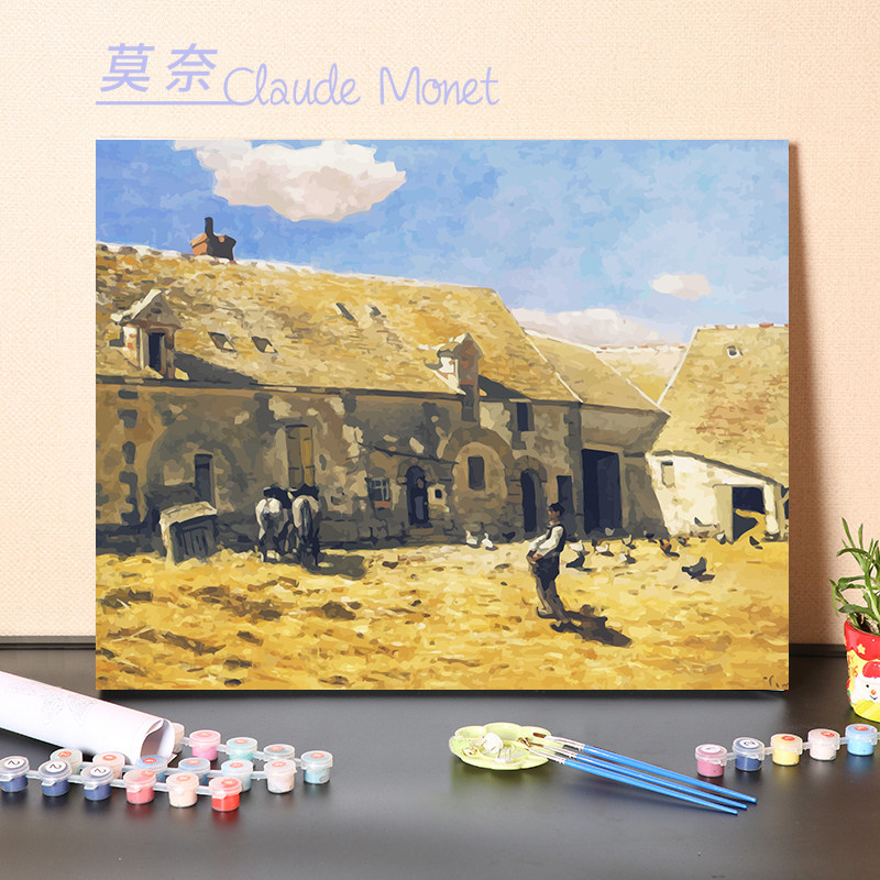 数字油画diy填充名人名画莫奈田园小屋风景填色绘画涂色画装饰
