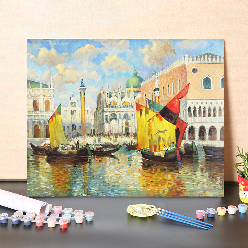 数字油画DIY港口帆船风景世界名画手绘涂鸦装饰挂画休闲打发时间