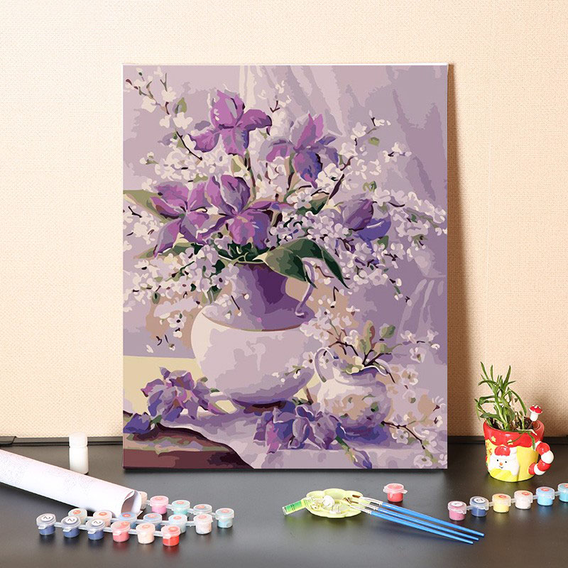 数字油画diy手工填充紫色优雅花瓶手绘填色客厅装饰丙烯油彩画画