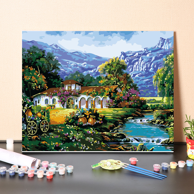 数字油画diy手工填充夏天小溪别墅风景画手绘涂色丙烯油彩画画