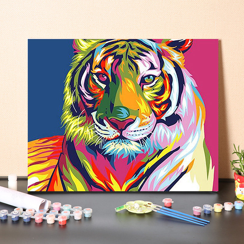 数字油画diy填充卡通动物老虎手工填色画画风景装饰丙烯画油彩画