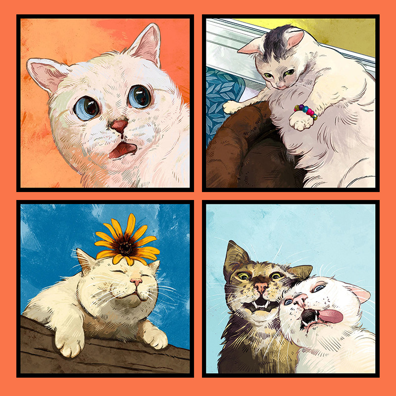 DIY数字油画油彩画创意ins可爱卡通呆萌小猫咪插画手工填充装饰画