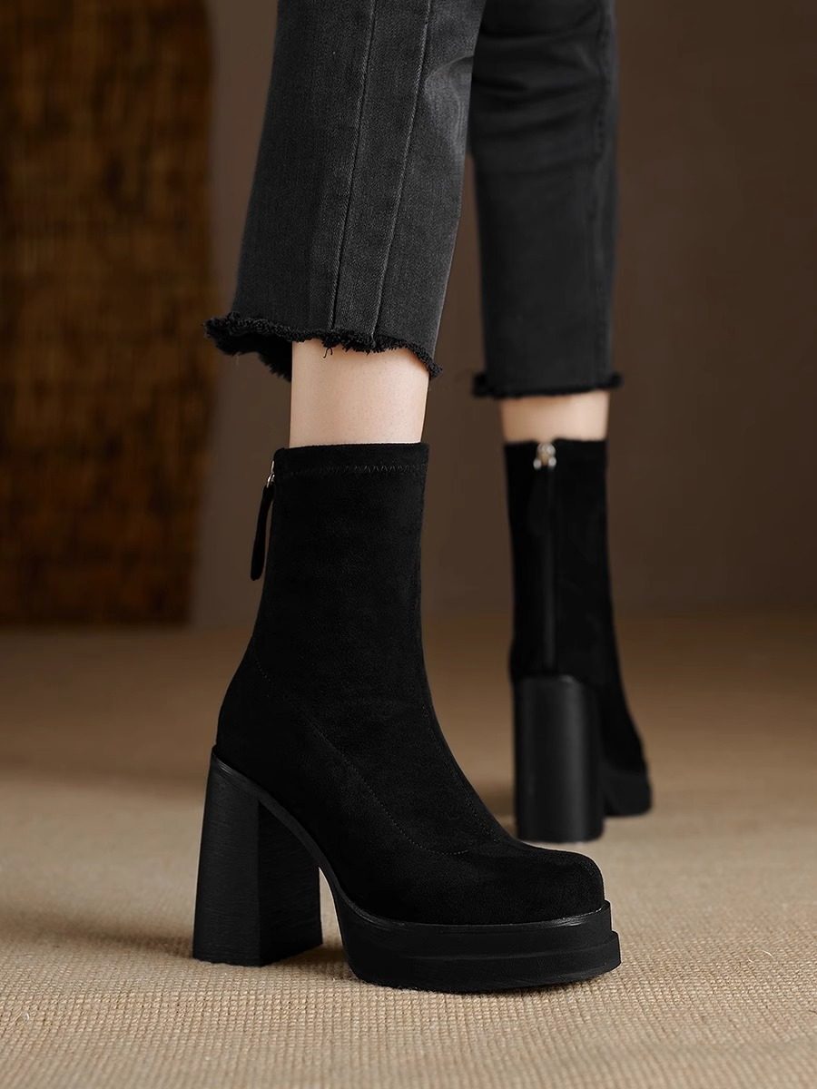 弹力瘦瘦靴粗跟短筒新款时尚百搭高跟鞋2026秋冬季袜靴厚底女靴子,女鞋,弹力靴/袜靴,淘宝优惠券,粉丝福利购,淘宝优惠卷