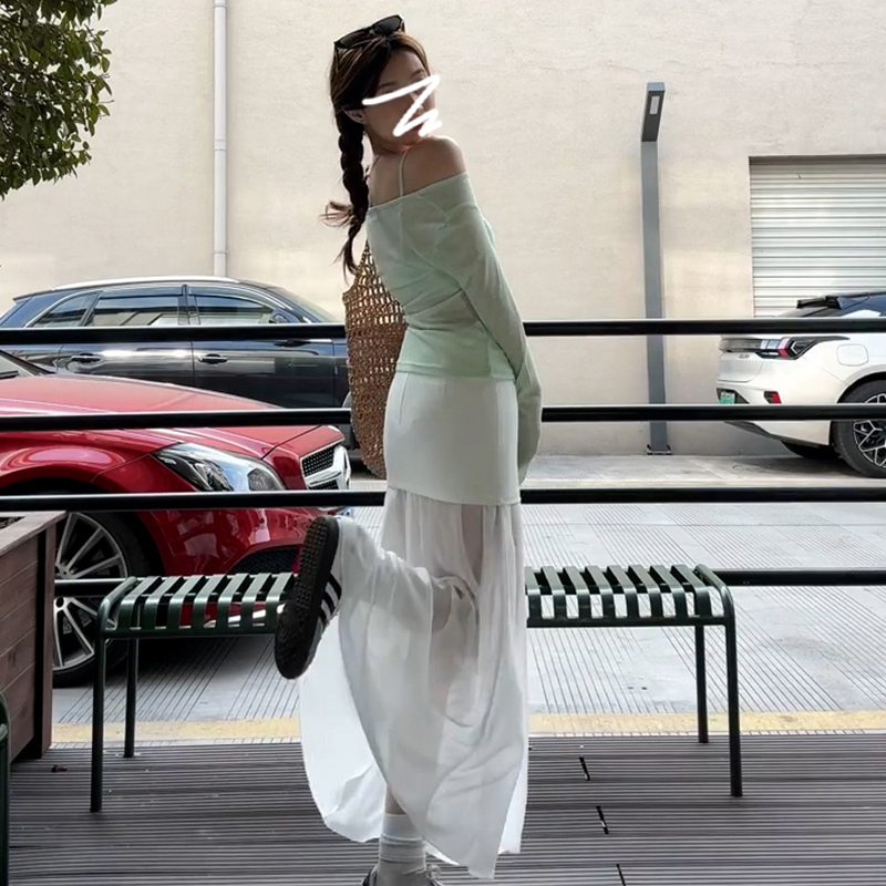法式高级感白色网纱连衣裙子女2025夏季新款修身包臀长裙套装