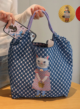 出口日本正品25年新款猫咪刺绣布包购物袋手提袋单肩包女包托特包
