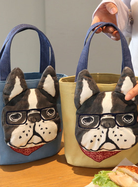 呆萌大脸法斗保罗迷你小水桶帆布便当包遛弯包圆形饭盒包手提袋