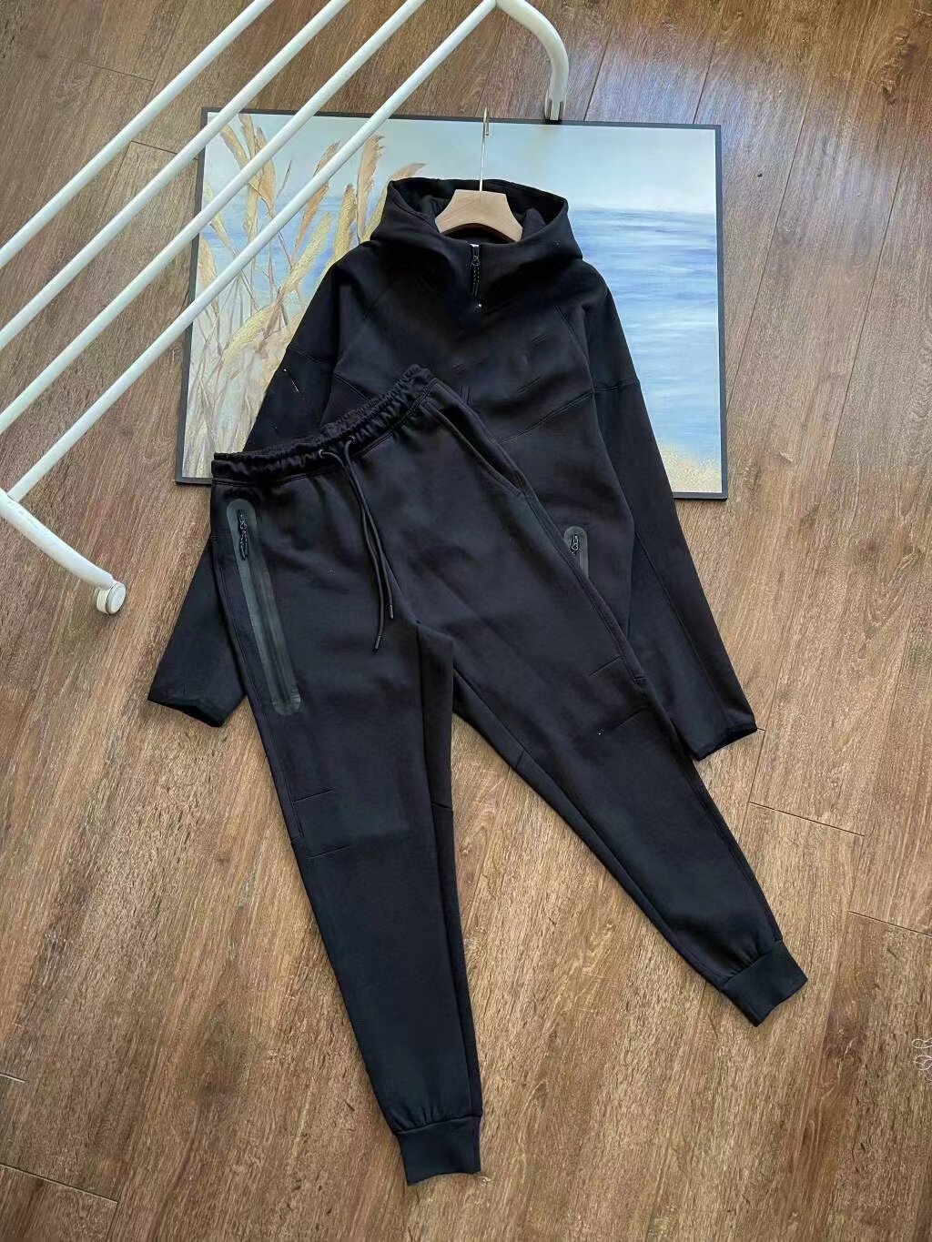 thumbnail for Air layer cotton tracksuit men's long sleeve hooded color-block jacket laminated zipper sweatpants trendy casual suit