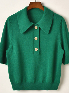 艾诺丝系列绿色翻领针织polo衫女短袖气质休闲上衣薄款纽扣衫