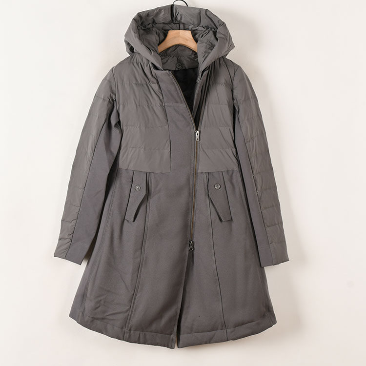 女品牌折扣特价正品时尚拼接连帽中长款A字版羽绒服通勤外套