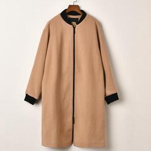 巴系列品牌特价秋冬款中长款咖色棒球服长款宽松圆领扣毛呢外套