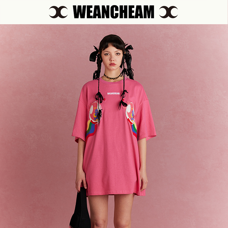 WEancheAM/未未姆彩虹泪大眼萌短袖T恤女长款夏季新款夏日多巴胺