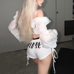 KLOSET印花白色侧开叉系带短裤可调节热裤女heels性感辣妹可外穿