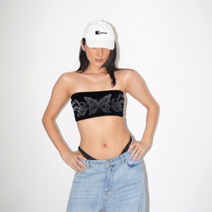 蝴蝶烫钻抹胸heels防走光短上衣jazz高弹性感黑色裹胸内衣爵士舞