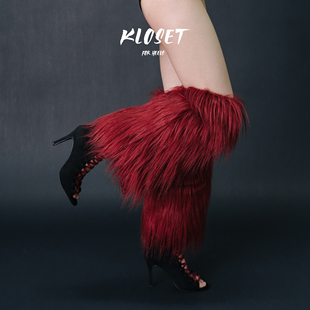 圣诞红色仿羊毛heels靴套毛绒袜套中长款 毛毛皮草高筒护腿套秋冬