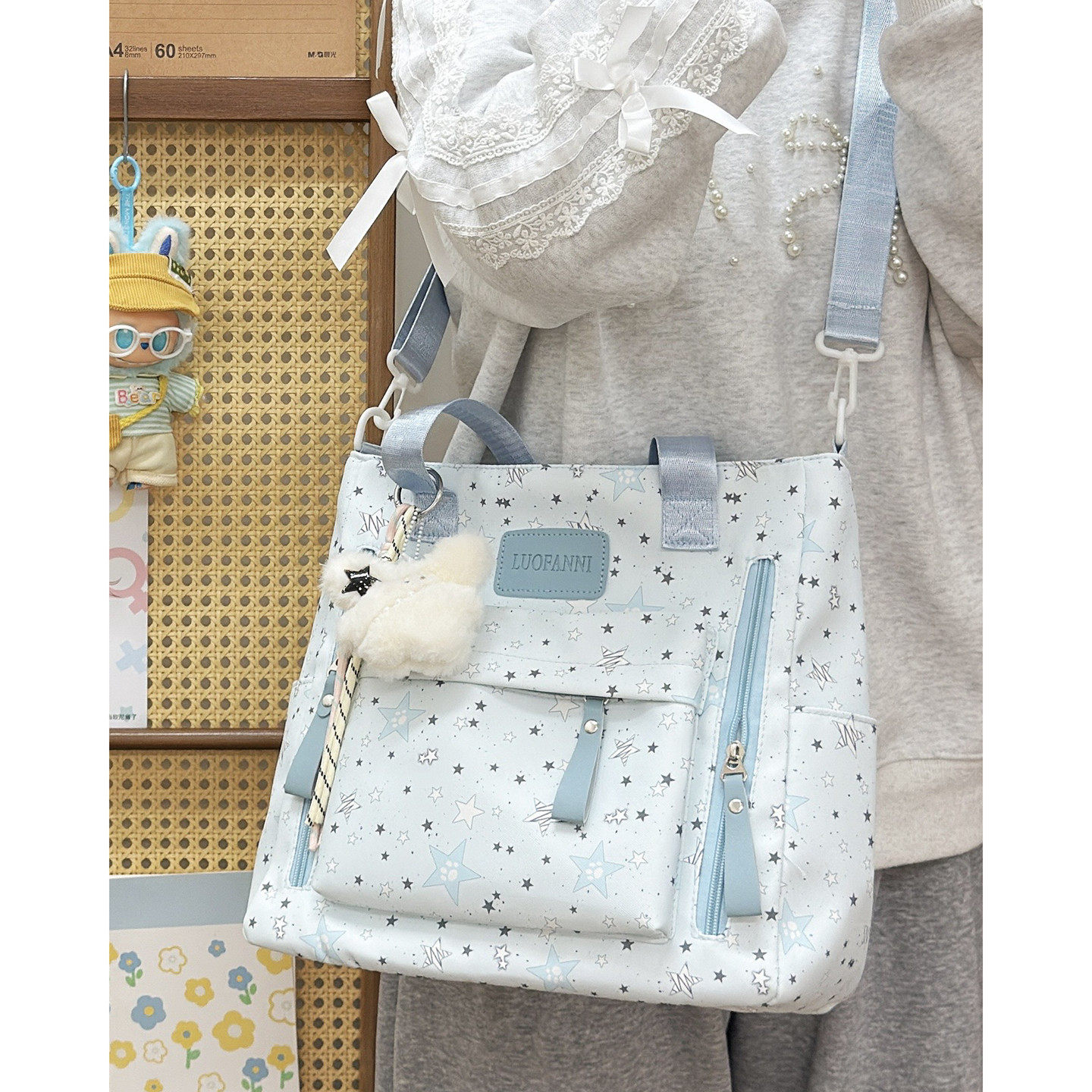 ins可爱星星单肩包女学生上课百搭补习手提袋休闲少女帆布斜挎包