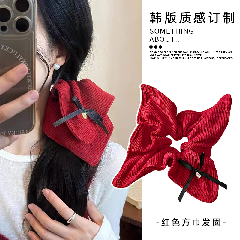 冬天新年发饰红色方巾发圈