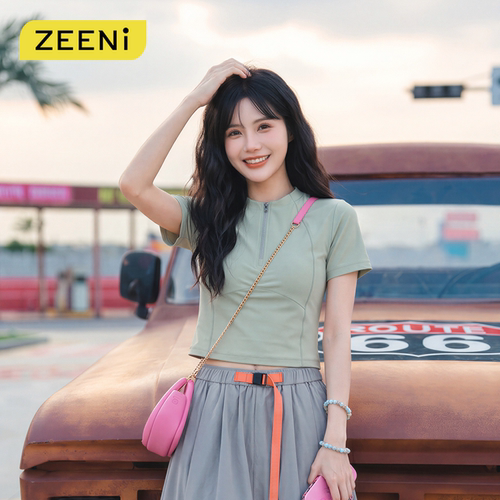ZEENi积泥 速干运动T恤女半拉链设计防晒透气轻户外运动短袖上衣