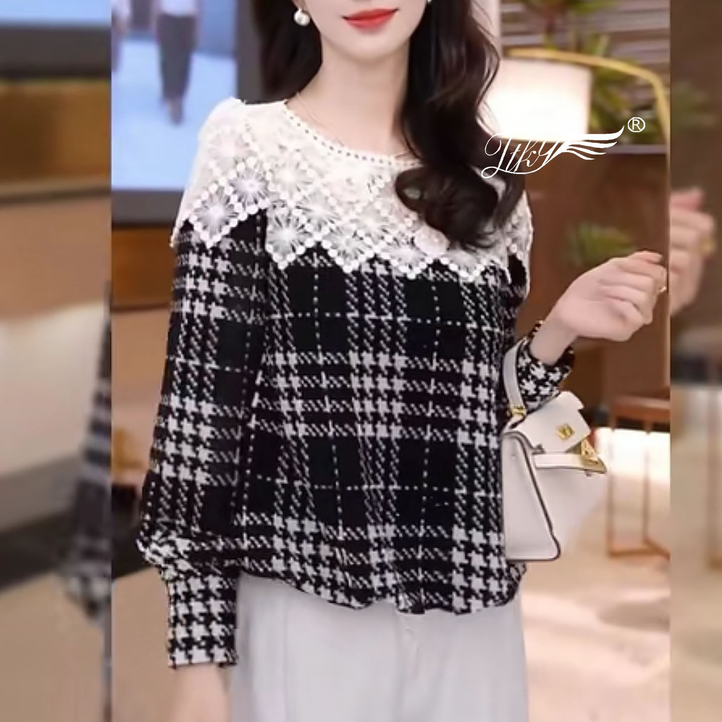 时尚宽松设计感镂空蕾丝拼接格子气质长袖衬衫女2026新款百搭小衫,女装/女士精品,T恤,淘宝优惠券,粉丝福利购,淘宝优惠卷