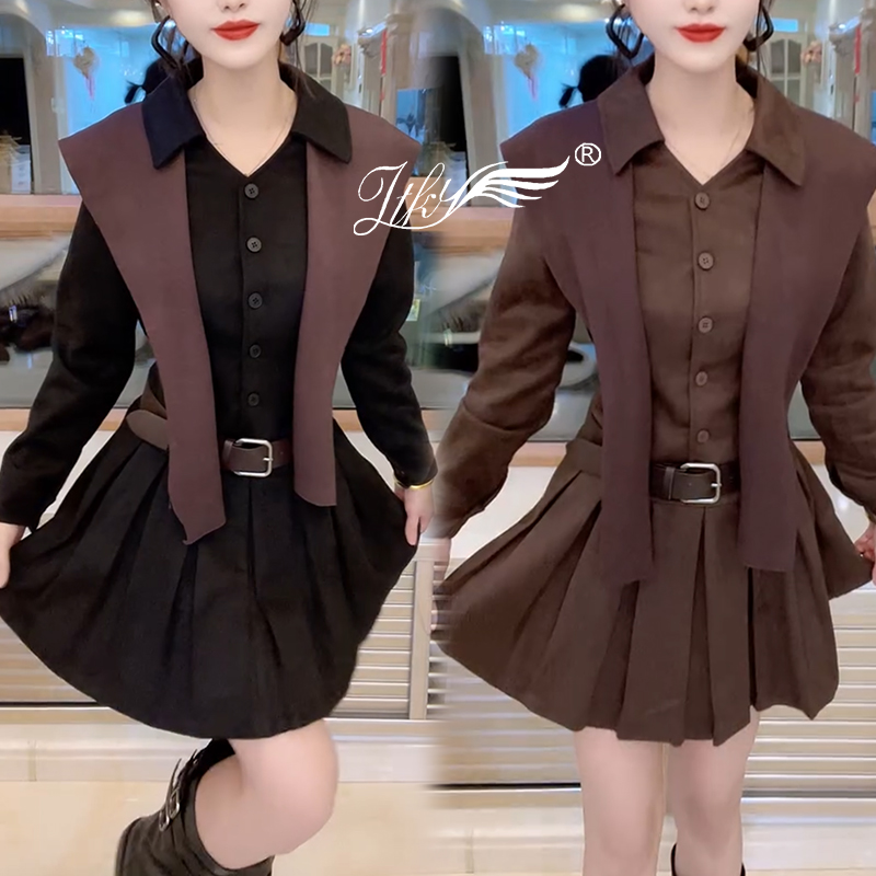 韩系优雅设计感翻领披肩设计衬衫裙高腰百褶短裙赠腰带纯色连衣裙