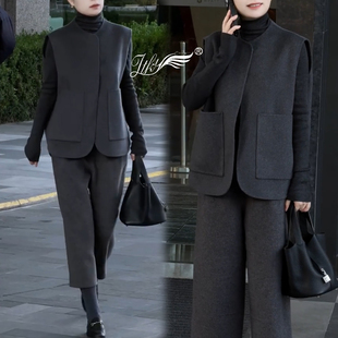 轻奢风洋气叠穿毛呢套装女 2025秋冬款时尚打底衫马夹+裤子三件套