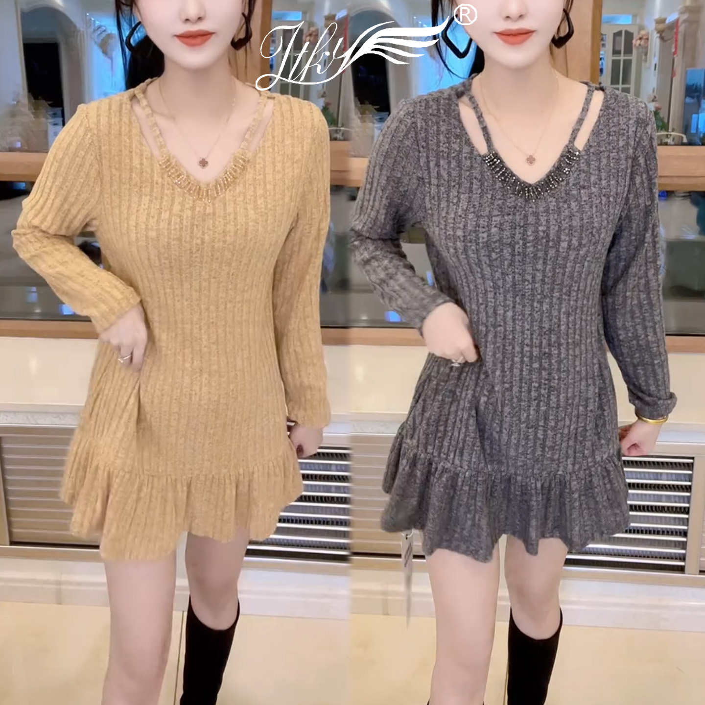V领重工亮丝针织连衣裙