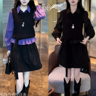 套装 学院风衬衫 百搭洋气显瘦时尚 三件套2025秋冬新款 马甲短裙女装