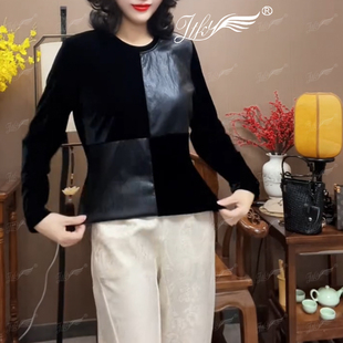 小众高级感气质宽松休闲上衣女装2025冬季新款丝绒拼皮内搭打底衫