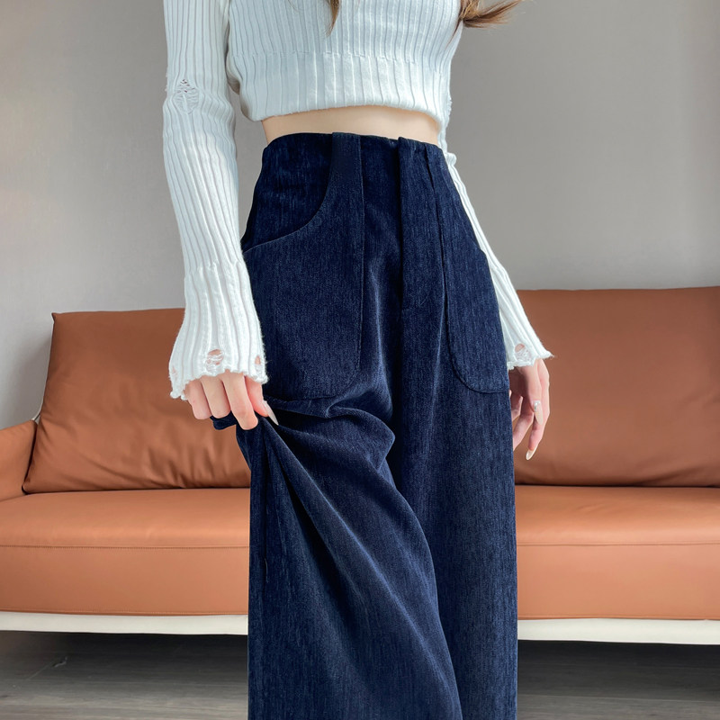 藏青色雪尼尔阔腿裤女秋冬小个子高腰垂感西装裤窄版灯芯绒直筒裤