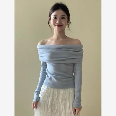 蓝色一字领露肩长袖针织衫女春秋高级感修身内搭打底衫露锁骨上衣