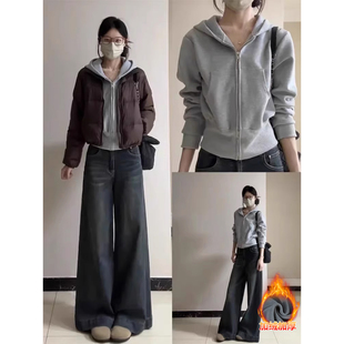 灰色加绒卫衣正肩短款外套女秋冬连帽修身收腰上衣韩系羽绒服内搭