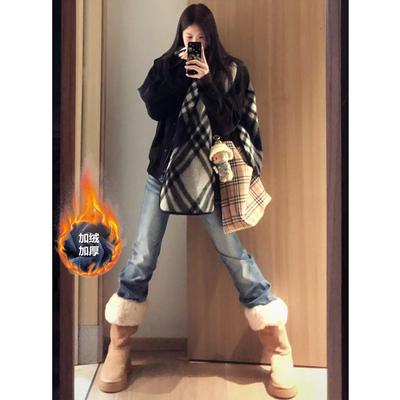 美式复古加绒低腰窄版直