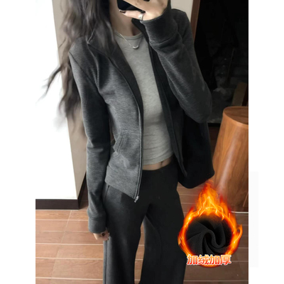 灰色条纹立领修身外套女