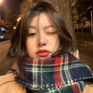 大媛家Sunny 韩系双面复古墨绿色格子围巾女秋冬长款加厚保暖围脖