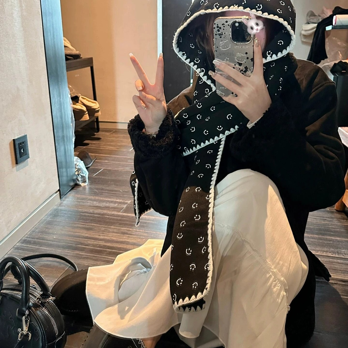 大媛家Sunny 印花笑脸加厚围脖连帽子一体两用保暖蕾丝大披肩丝巾