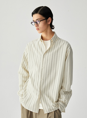 Freew 休闲通勤文艺英式方领宽松色织条纹抗皱泡泡肌理感衬衫