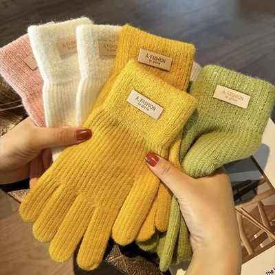 可爱纯色针织手套女冬露二指学生百搭骑车可触屏保暖加厚分指手套