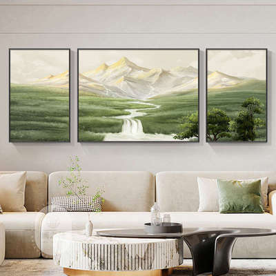 风景客厅清新山水金沙发背景日y照装饰画挂画源远流长山北小墙欧