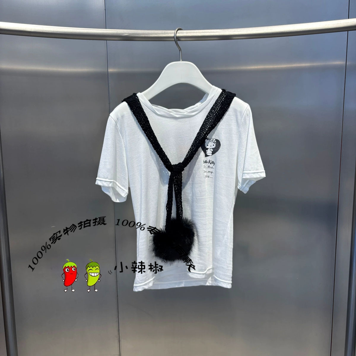 芮范设计师款爱心HelloKitty黑色针织镂空披肩短袖T恤RK71001156