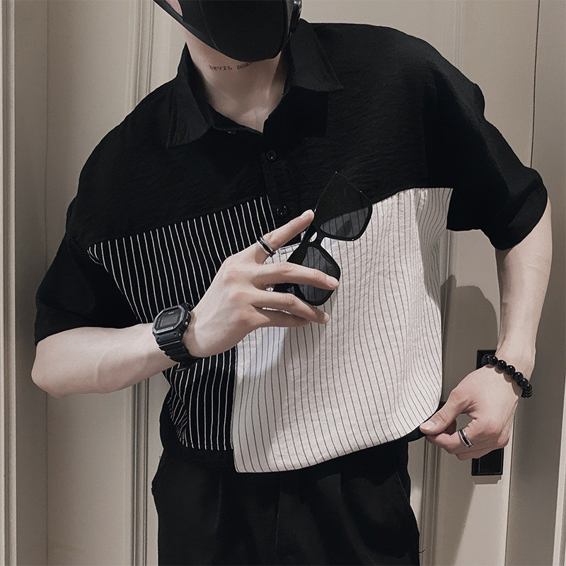 VINTAGE CONTRASTING POLO SHIRT SHORT SLEEVE MENS HANDSOME STRIPED PATCHWORK T-SHIRT SUMMER FASHION THREE-QUARTER SLEEVE T-SHIRT TIDE