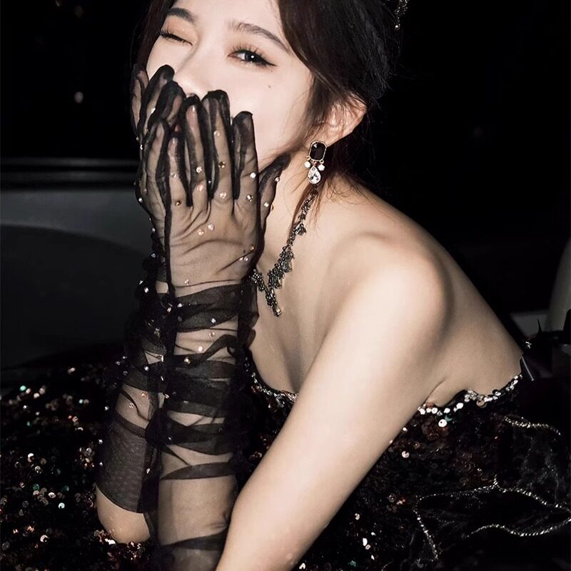 黑色蕾丝网纱长款婚礼手套