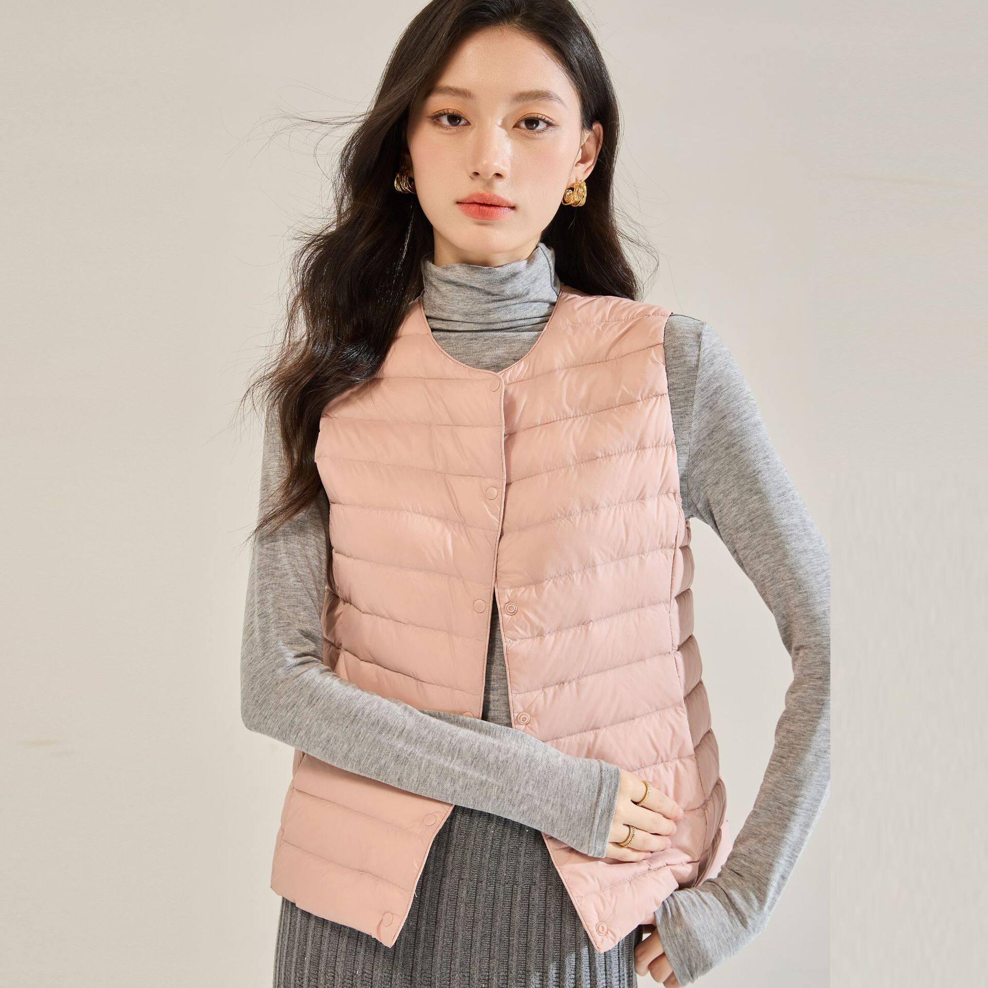 26春新款粉色内胆马甲圆领内穿无领轻便背心薄款轻薄羽绒服女