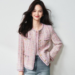 26春季高奢法式千金风浪漫樱花粉羊毛花纱粗花呢小香风外套