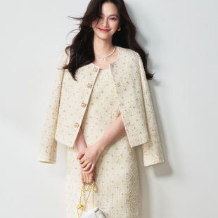 26春季法式千金感羊毛重工钉珠小香风外套连衣裙套装