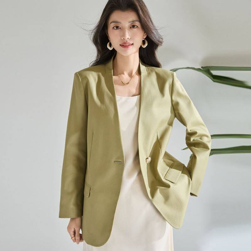 26春夏【绿色】新极简V领挺括小西装女宽松休闲通勤上衣外套
