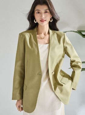 26春夏【绿色】新极简V领挺括小西装女宽松休闲通勤上衣外套