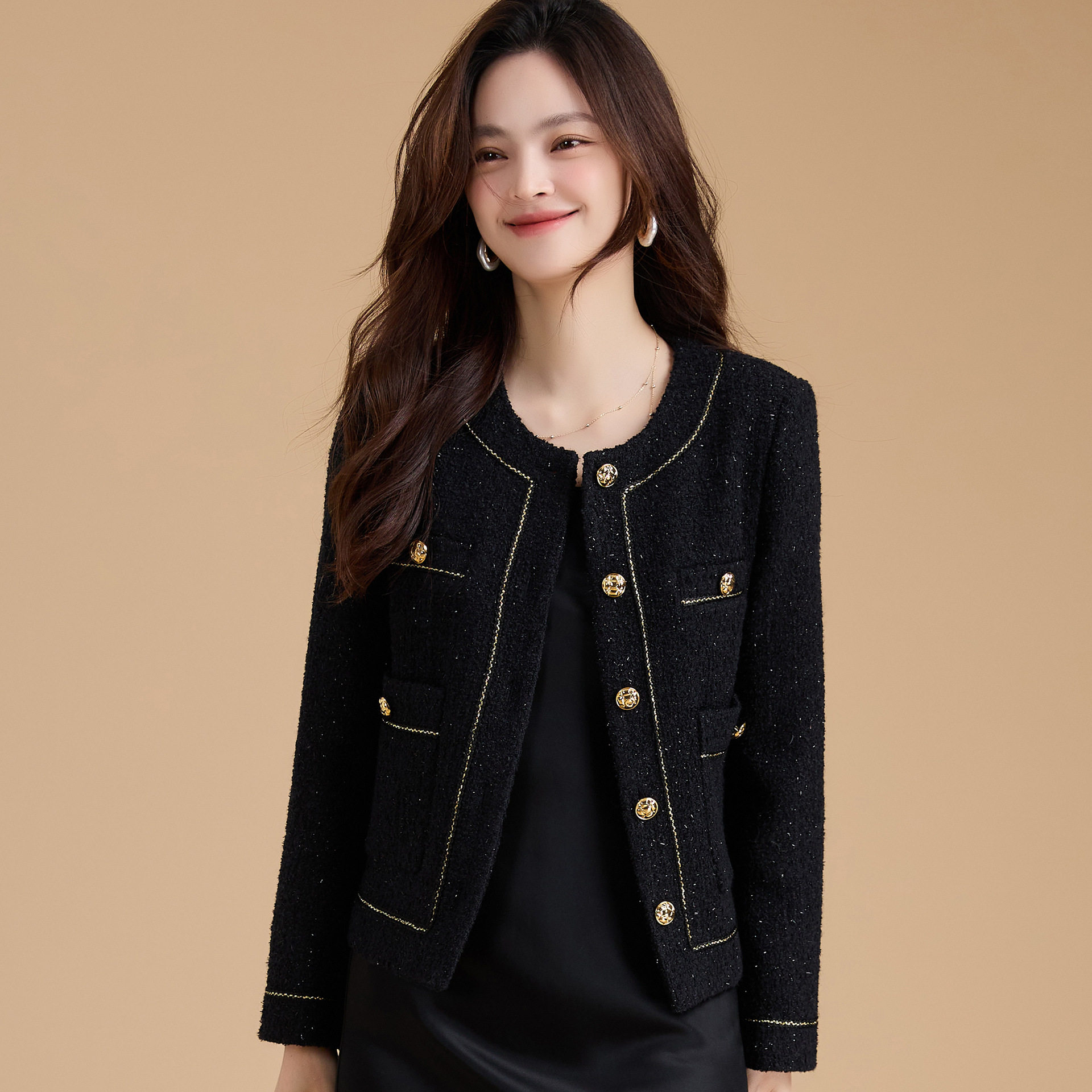 26春季新款经典黑色小香风圆领外套女高级感亮丝粗花呢短款上衣女