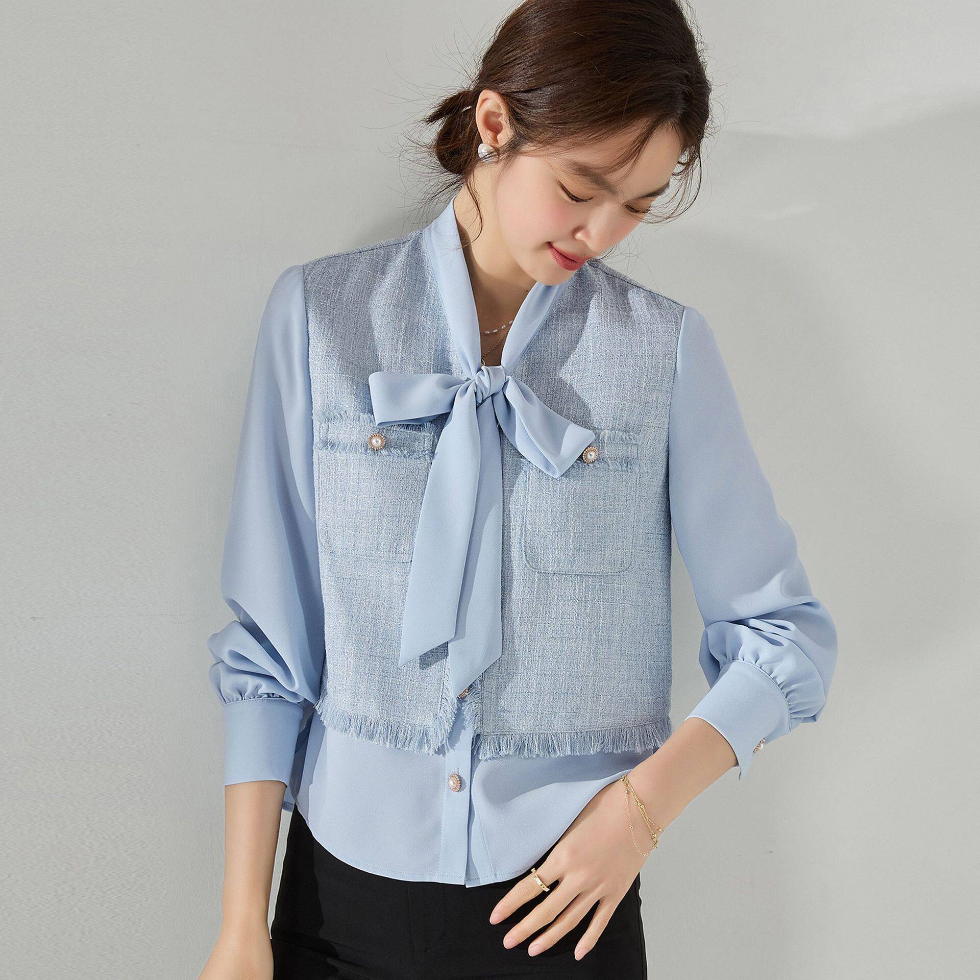 26秋季法式V领小香风长袖衬衫拼接假两件通勤雪纺飘带女上衣