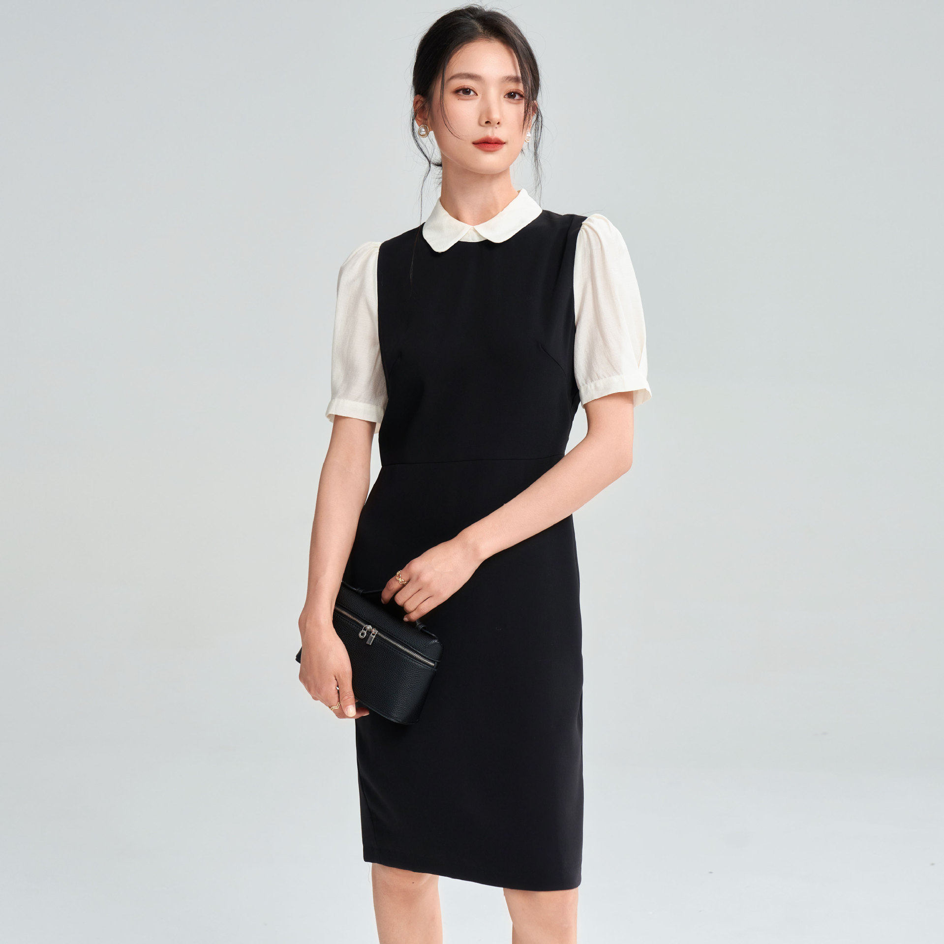 26春夏职业通勤黑白拼接假两件收腰包臀裙气质泡泡袖连衣裙